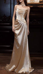 Opulent Champagne Gold Ruched Spaghetti Strap Maxi Gown