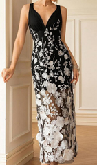 Eolande Black 3D Floral Applique V-Neck Maxi Dress
