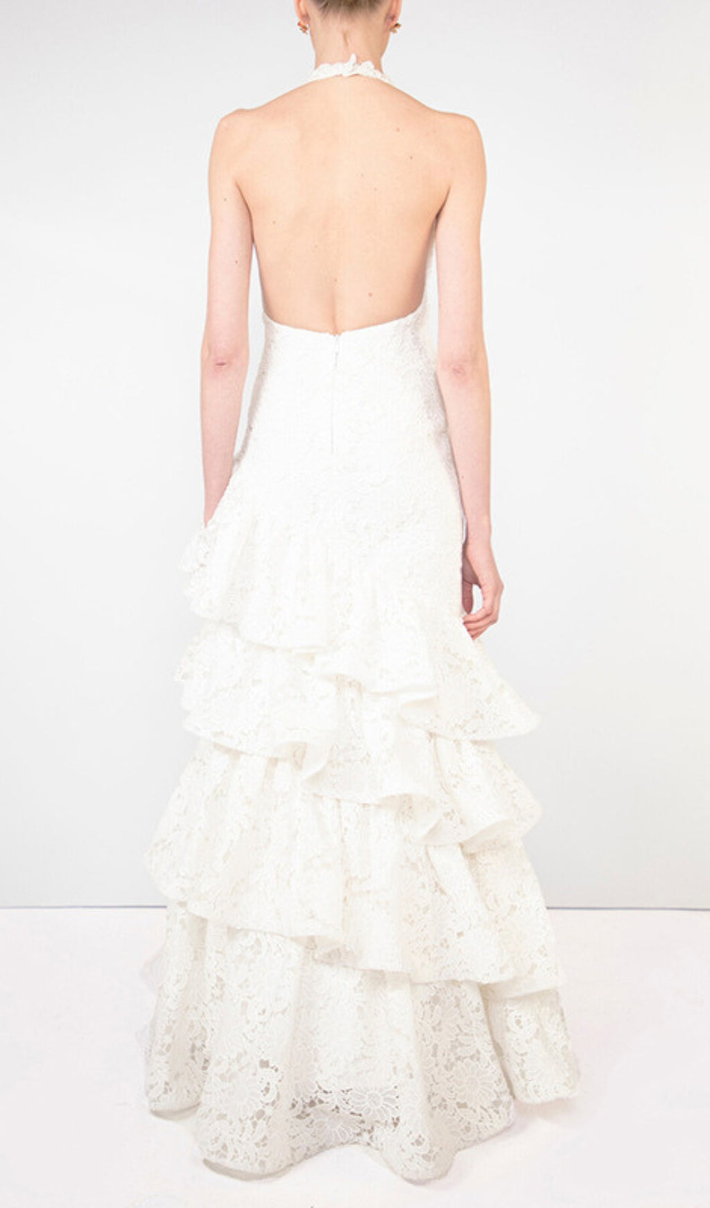 Ellie White Halter Lace Tiered Ruffle Maxi Dress