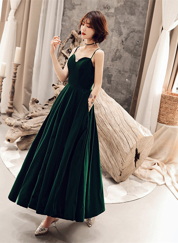 Vestido de fiesta largo de terciopelo con tirantes elegantes de color verde oscuro para dama de honor 