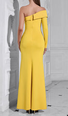 Camilla Radiant Yellow One-Shoulder Draped Maxi Dress with High Slit