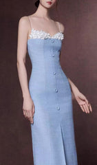 Juana Blue Floral Tweed Strappy Slit Midi Dress