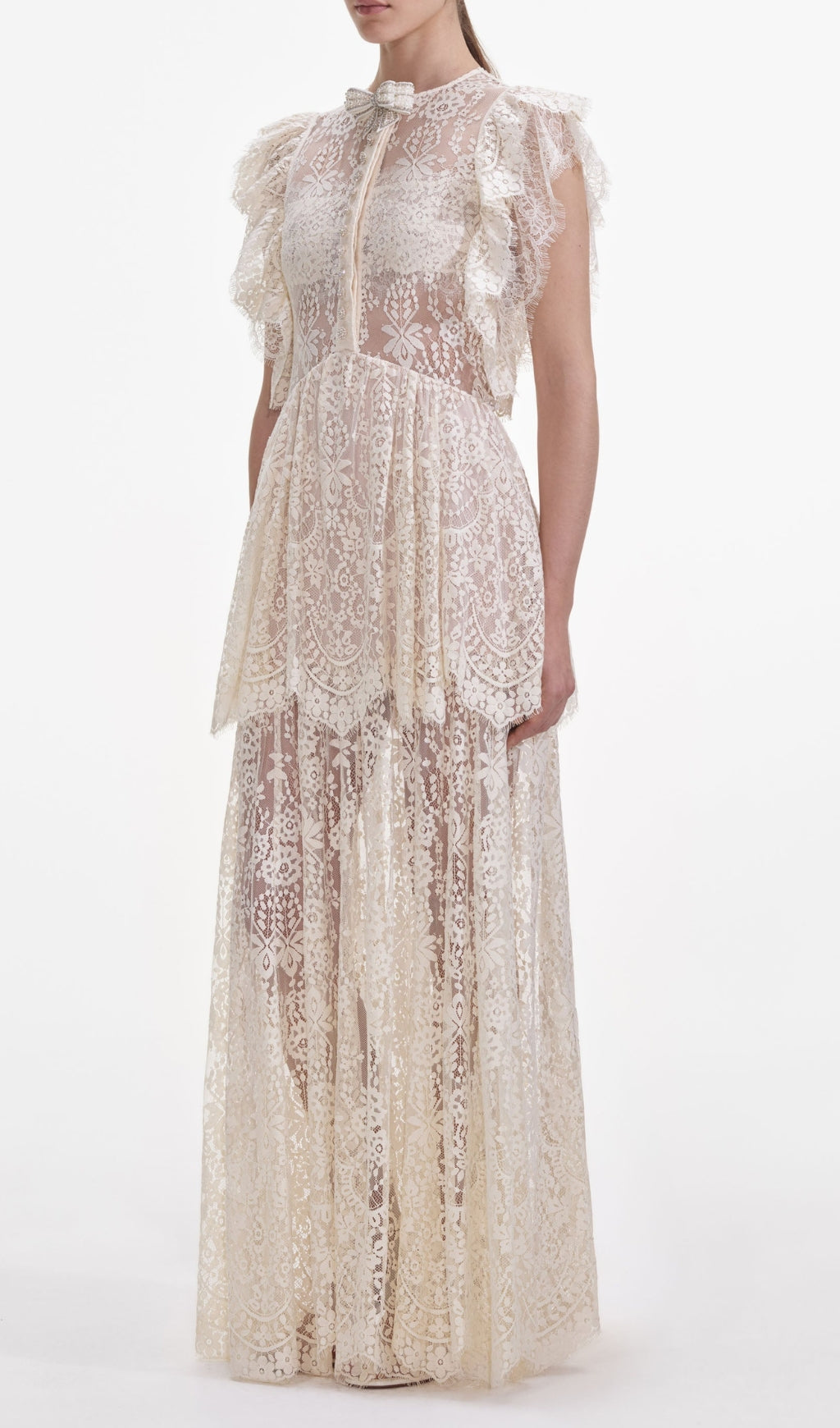 Elegant Tiered Lace Maxi Dress with Diamant Bow & Ruffled Sleeves