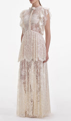 Elegant Tiered Lace Maxi Dress with Diamant Bow & Ruffled Sleeves