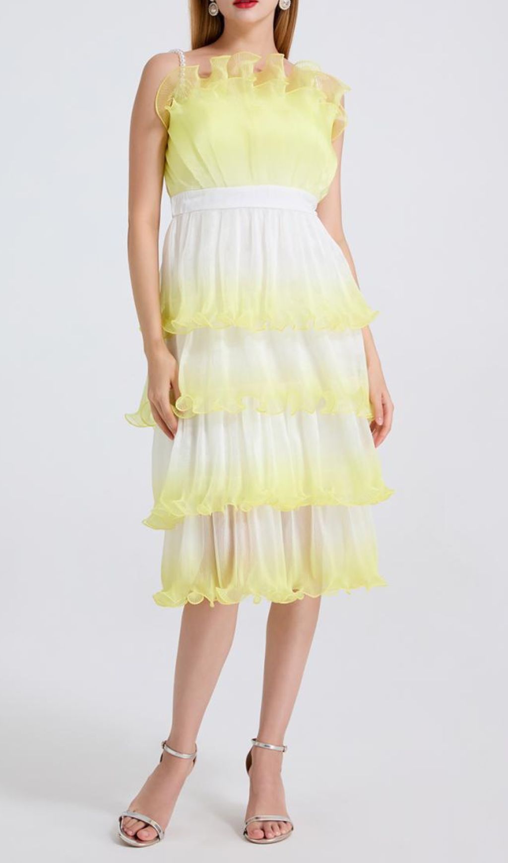 Fiene Ombre Yellow Tiered Ruffle Strappy Midi Dress