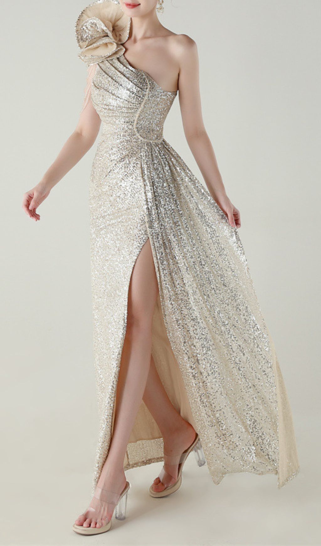 Ikia Silver Sequin One-Shoulder Maxi Dress