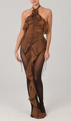 Estelle Brown Halter Ruched Ruffle Mini Dress