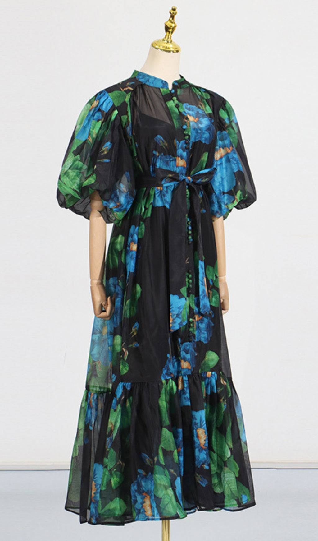 Vibrant Floral Button-Down Puff Sleeve Midi Dress