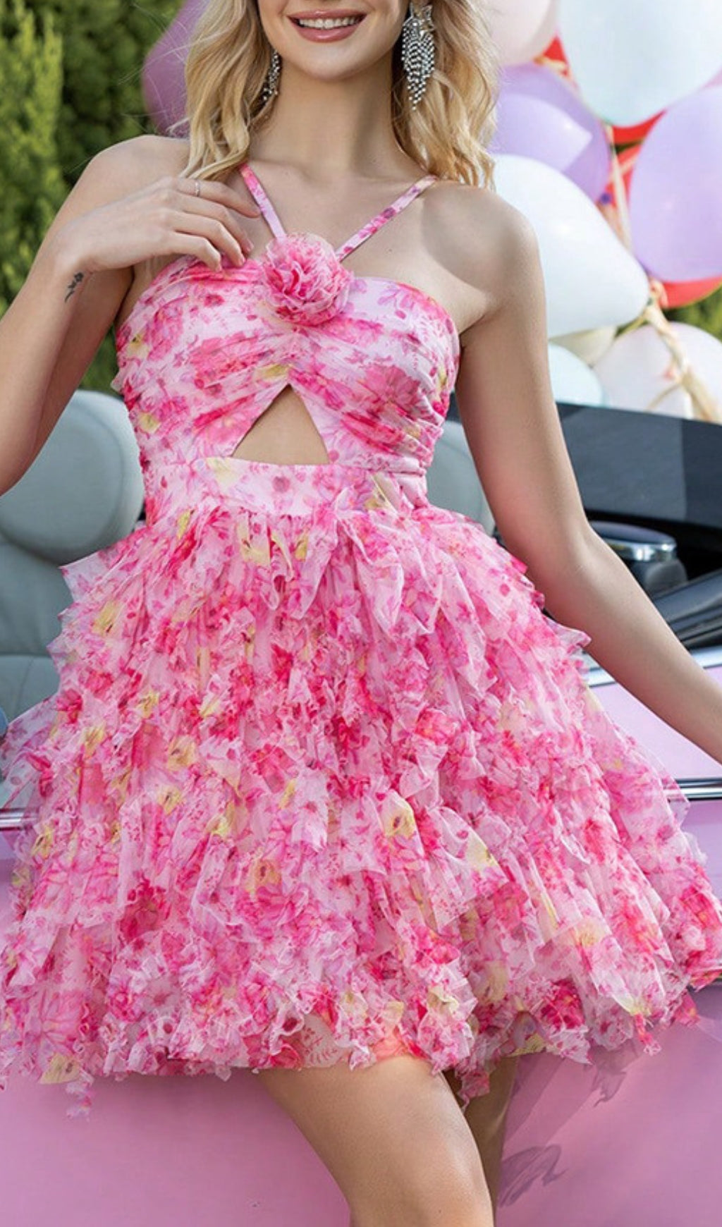 Deirdre Vibrant Pink Floral Halter Mini Dress