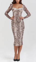 Chic Serpentine Print Long Sleeve Midi Dress with Lace Trim