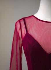 Vestido de fiesta largo de tul y terciopelo rojo vino con corte A 