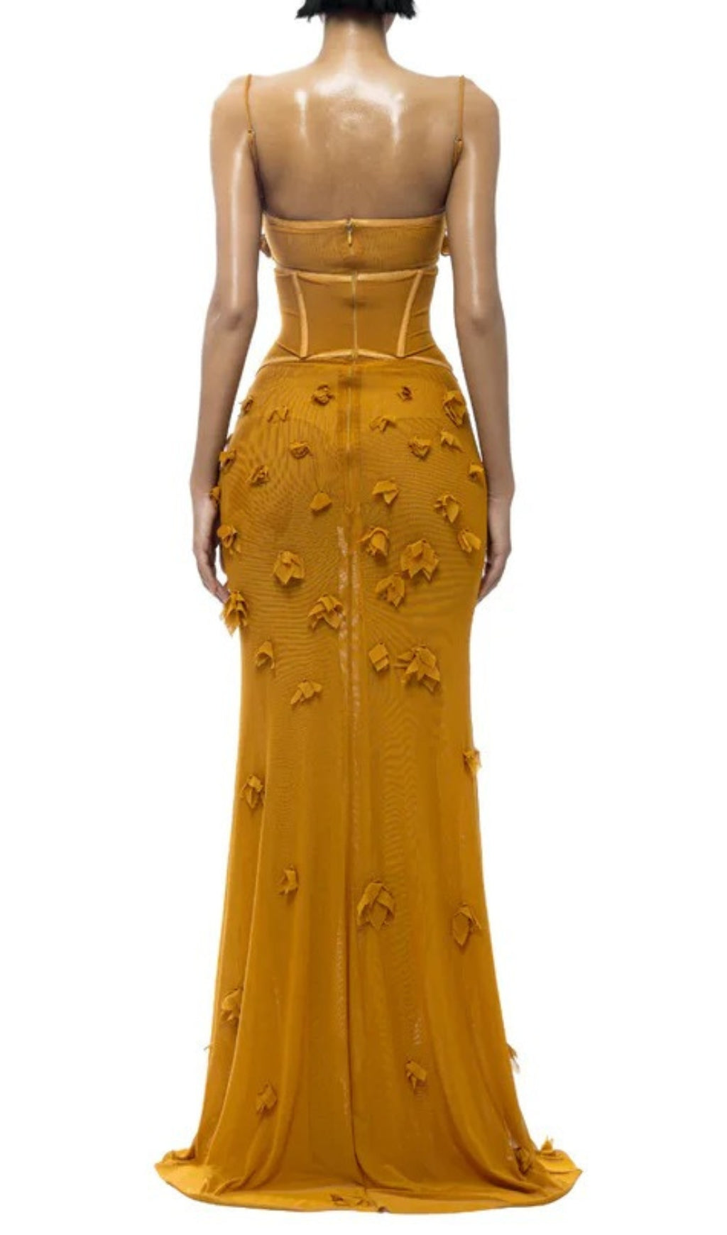 Carys Mustard Gold Petal Appliqu Corset Maxi Gown