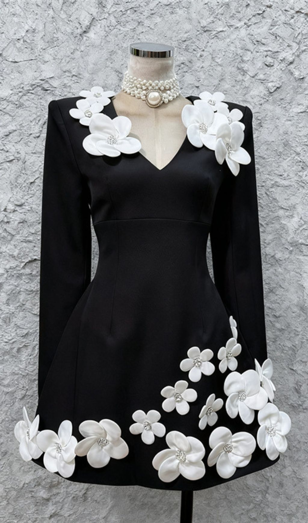 Janelle Chic Black Floral Long Sleeve Mini Dress with 3D Embellishments