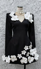 Janelle Chic Black Floral Long Sleeve Mini Dress with 3D Embellishments