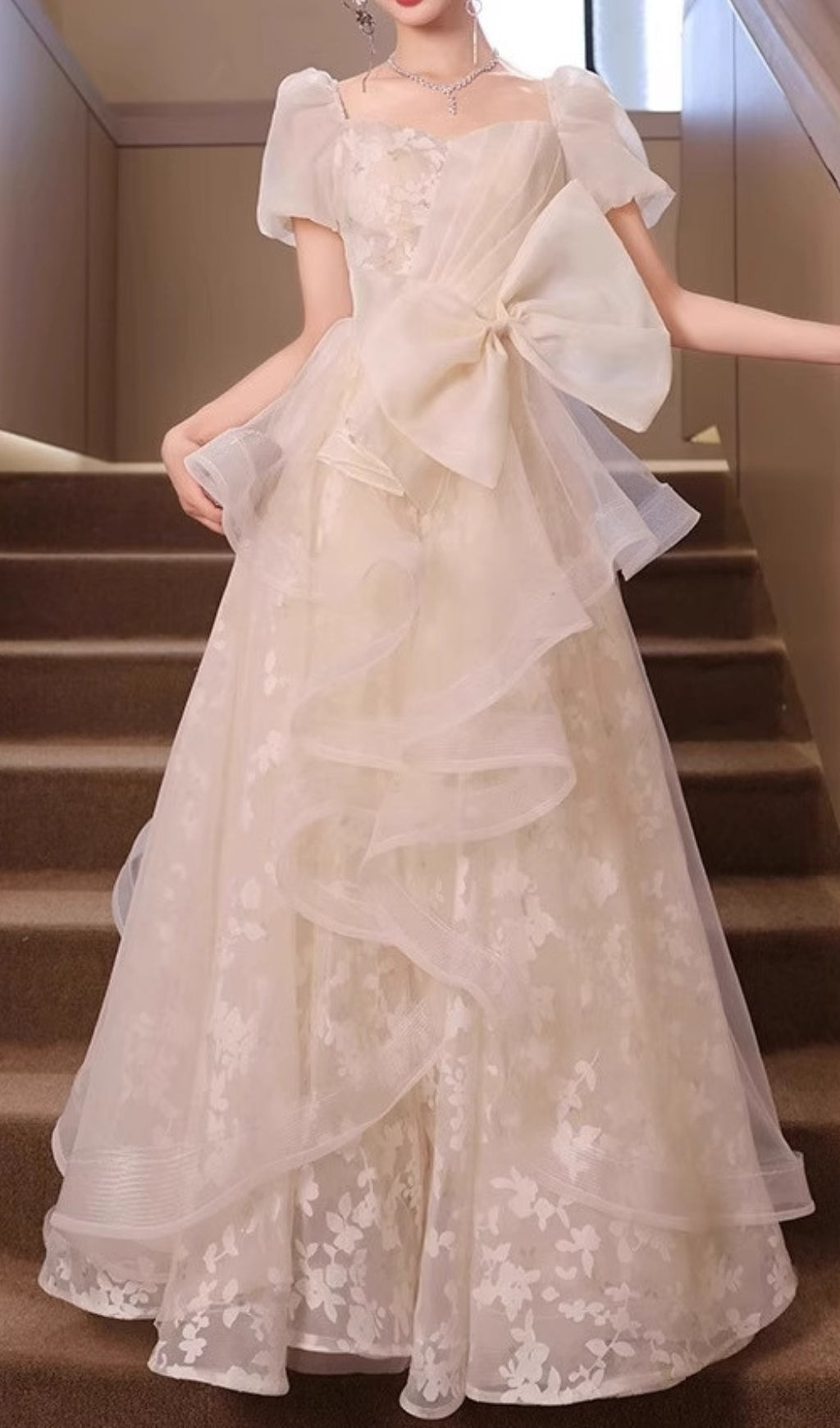 Chinue Ethereal Floral Lace Tulle Maxi Dress with Statement Bow