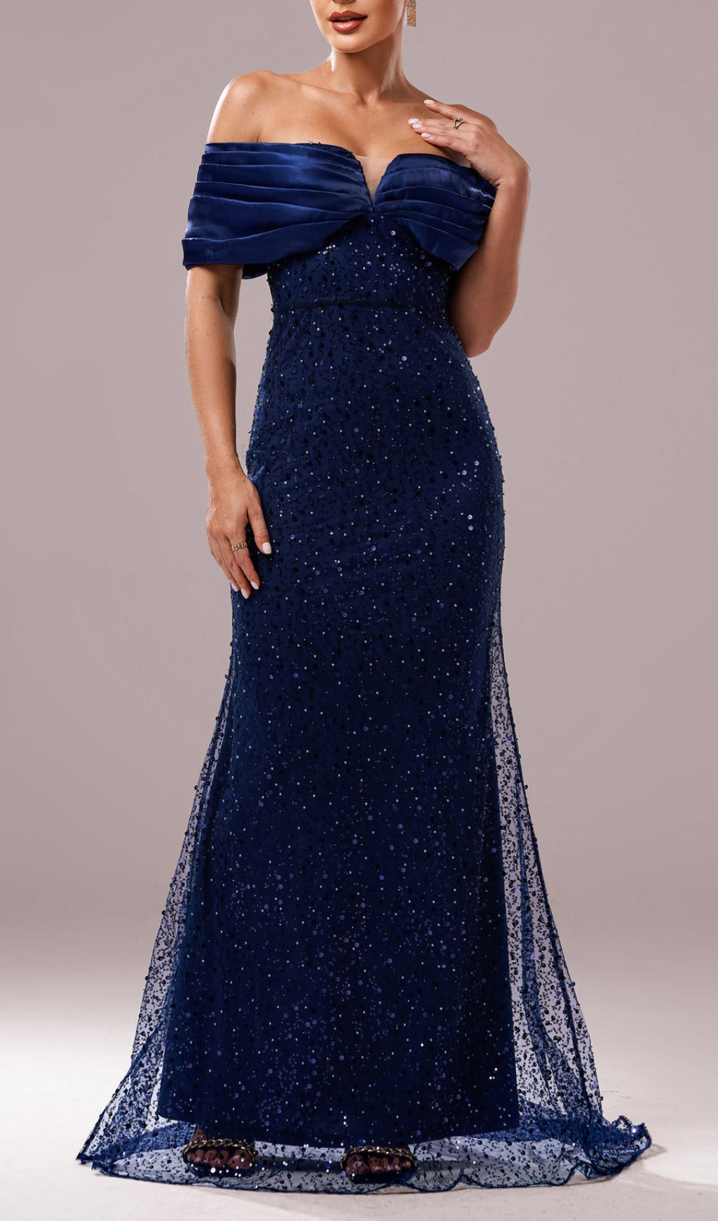 Dorit Navy Off-Shoulder Sequin Maxi Gown