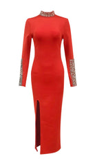 Glamorous Red Crystal Embellished Mock Neck Midi Dress