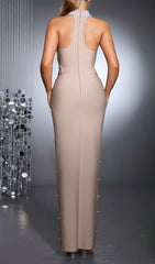 Haidera Pearl Beaded Halter Neck Bandage Maxi Gown with Thigh Slit