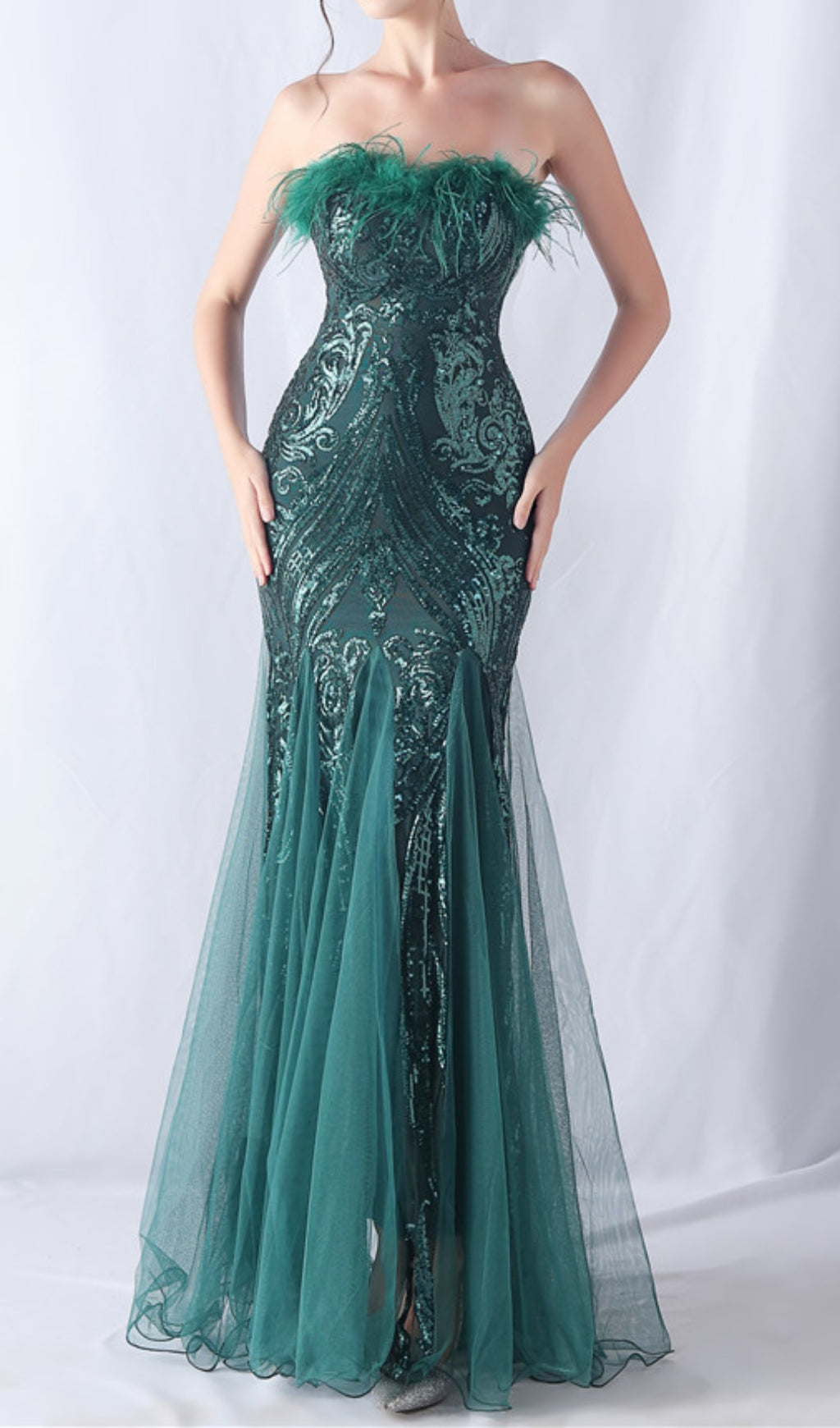 Choire Emerald Green Sequin Feather Mermaid Maxi Gown