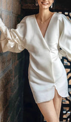 Coletta Luxe White Satin V-Neck Puff Sleeve Mini Dress