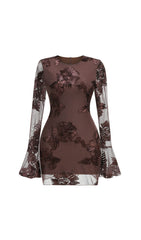 Jovan Coffee Flower Long Sleeve Mini Dress