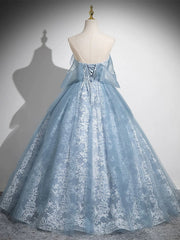 Blue A-line Lace and Tulle Long Formal Dress