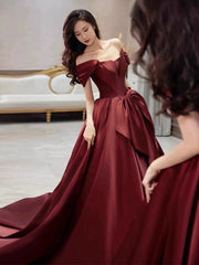 Vestido de fiesta de satén rojo vino, corte A, largo hasta el suelo, hombros descubiertos 