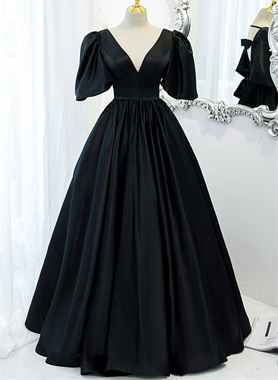 Black Satin Deep V-neckline Long Formal Dress