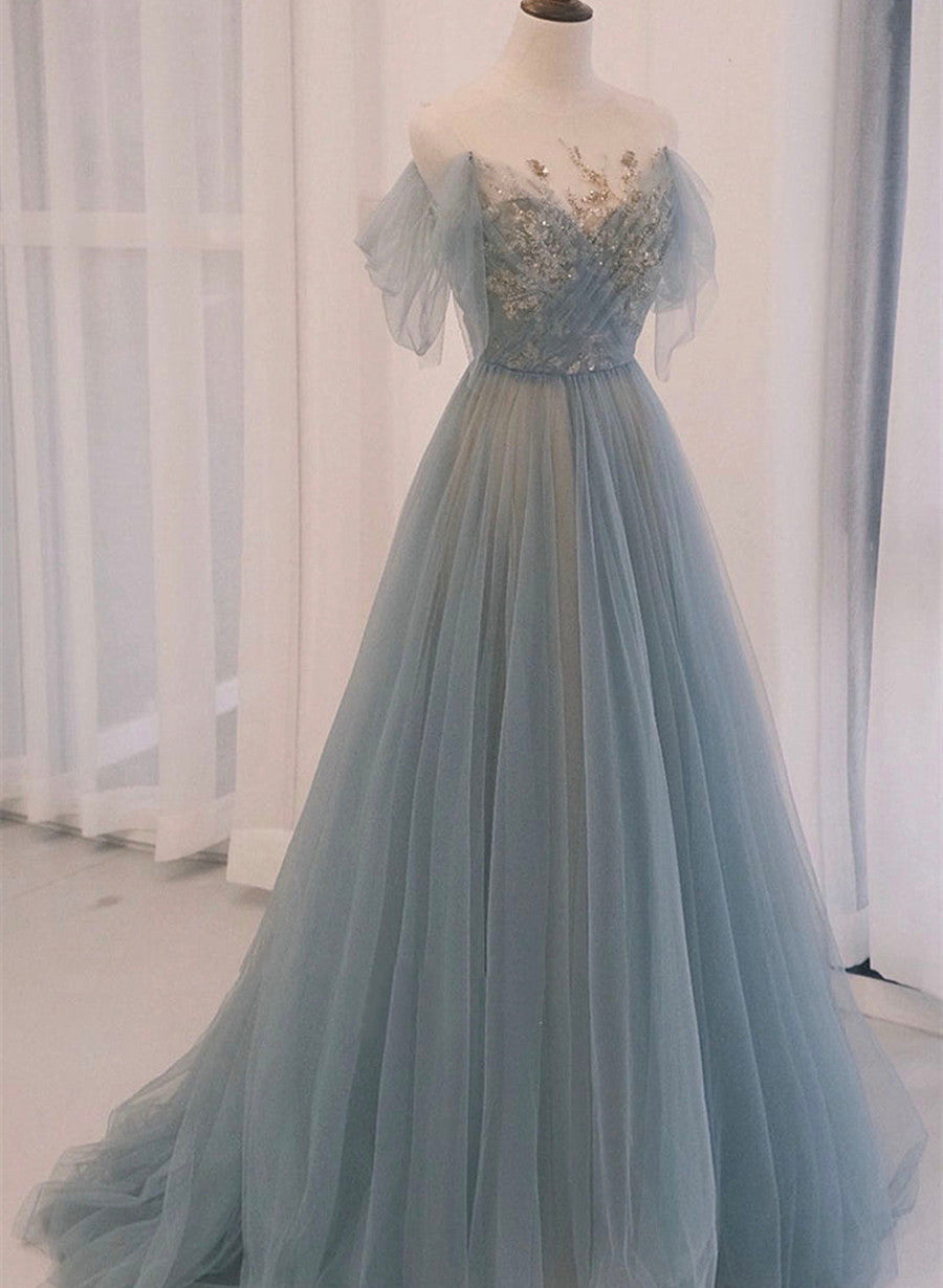 Vestido de fiesta azul de corte A con apliques de encaje 