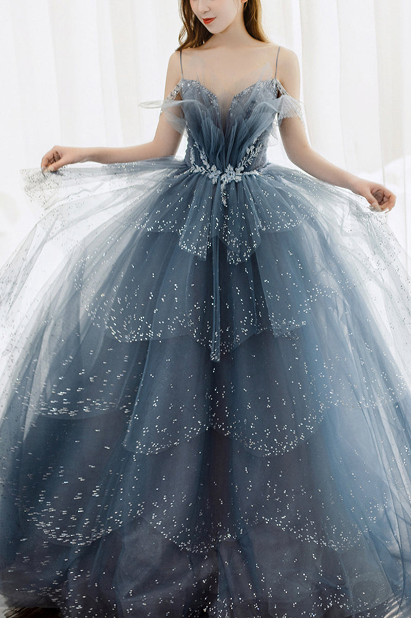Blue Tulle Beaded Long Unique Straps Prom Dress