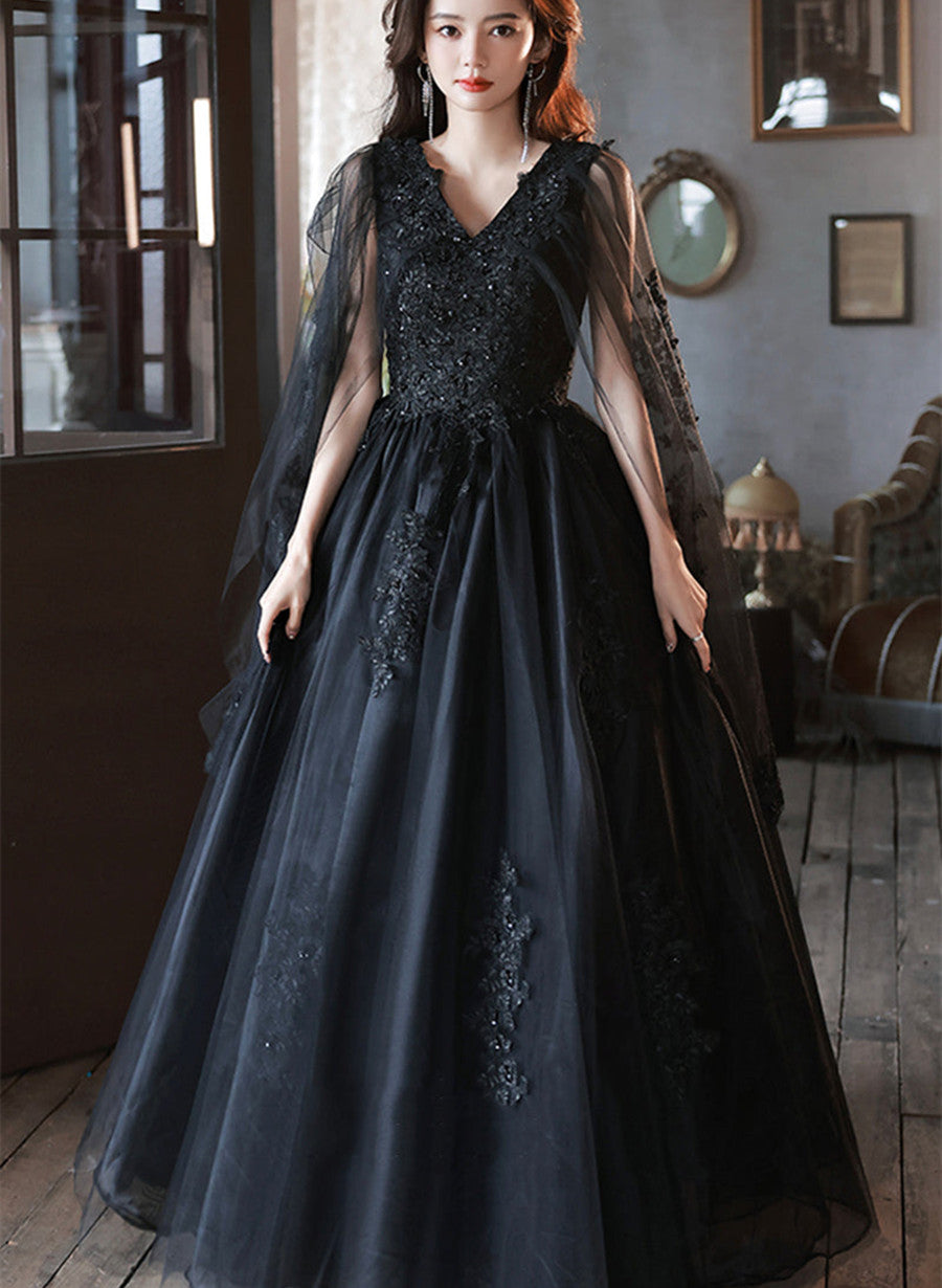 Black Tulle V-neckline Party Dress with Lace Applique