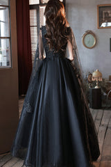 Black Tulle V-neckline Party Dress with Lace Applique