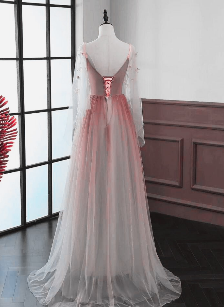 Vestido de fiesta de tul con encaje y corte A en degradado rojo 