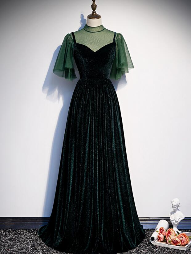 Vestido largo de fiesta de terciopelo verde oscuro de moda 