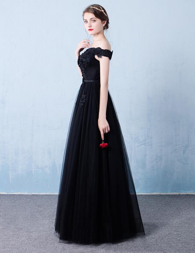 Black Off the Shoulder Tulle A-line Prom Dress