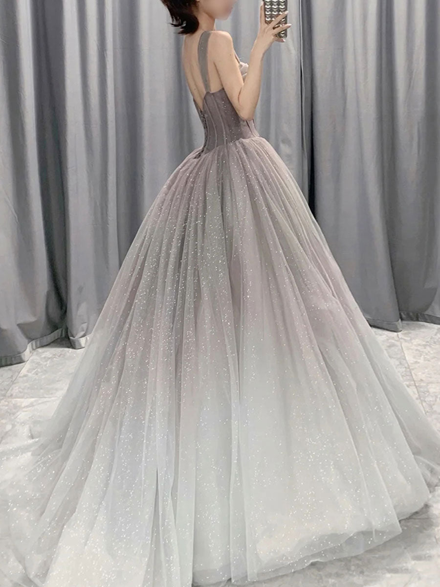 Beautiful Grey Gradient Straps Tulle Long Formal Gown