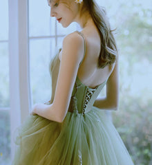 Vestido de fiesta de boda largo con tirantes hasta el suelo de tul verde 