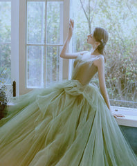 Vestido de fiesta de boda largo con tirantes hasta el suelo de tul verde 