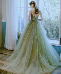 Vestido de fiesta de boda largo con tirantes hasta el suelo de tul verde 