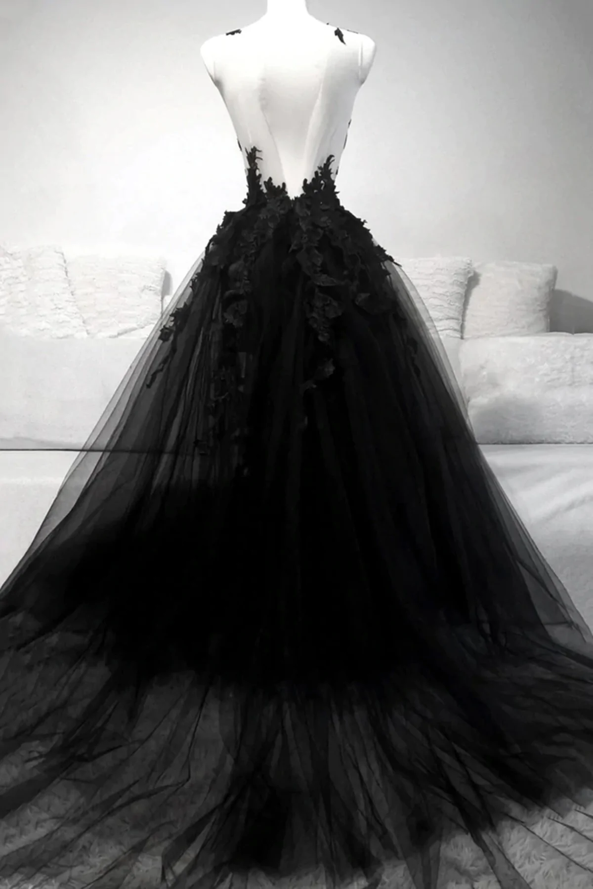Vestido de fiesta largo de tul con encaje en línea A negro 