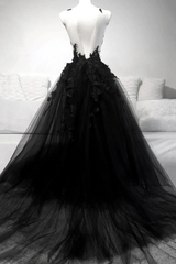 Vestido de fiesta largo de tul con encaje en línea A negro 