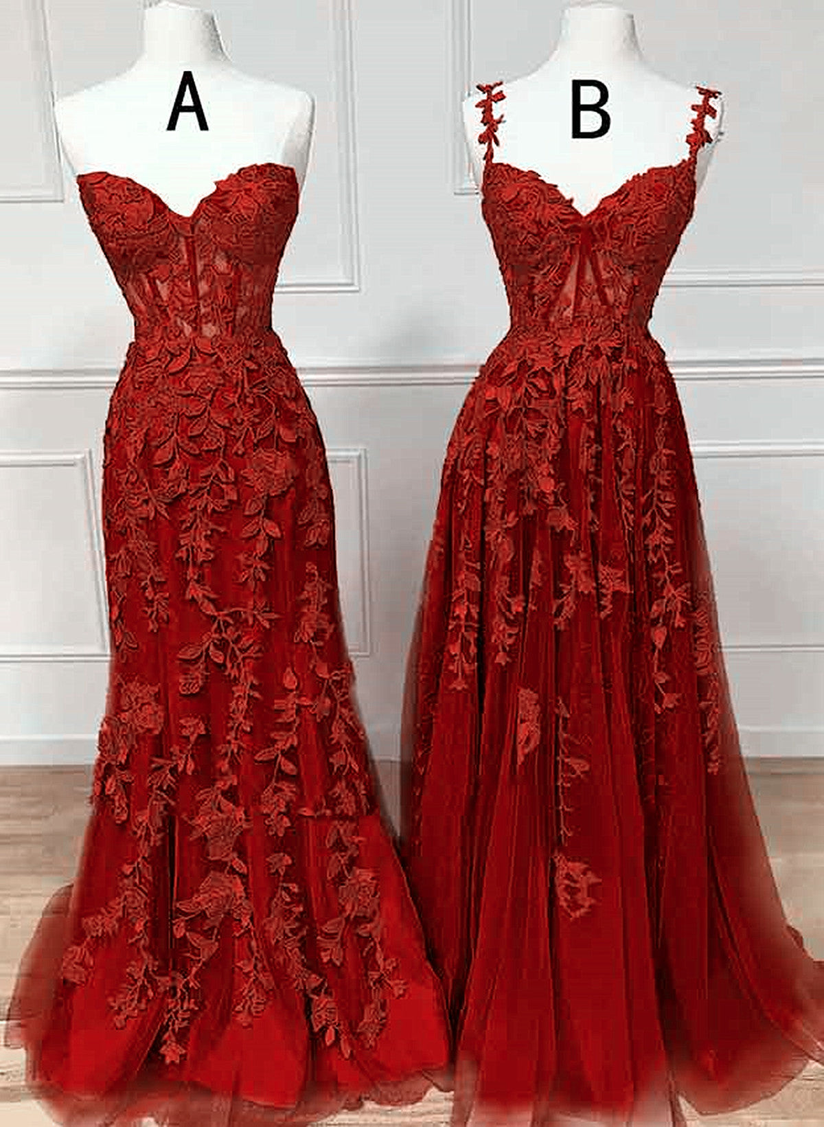 Elegante vestido de fiesta con escote en forma de corazón de tul y encaje rojo vino 
