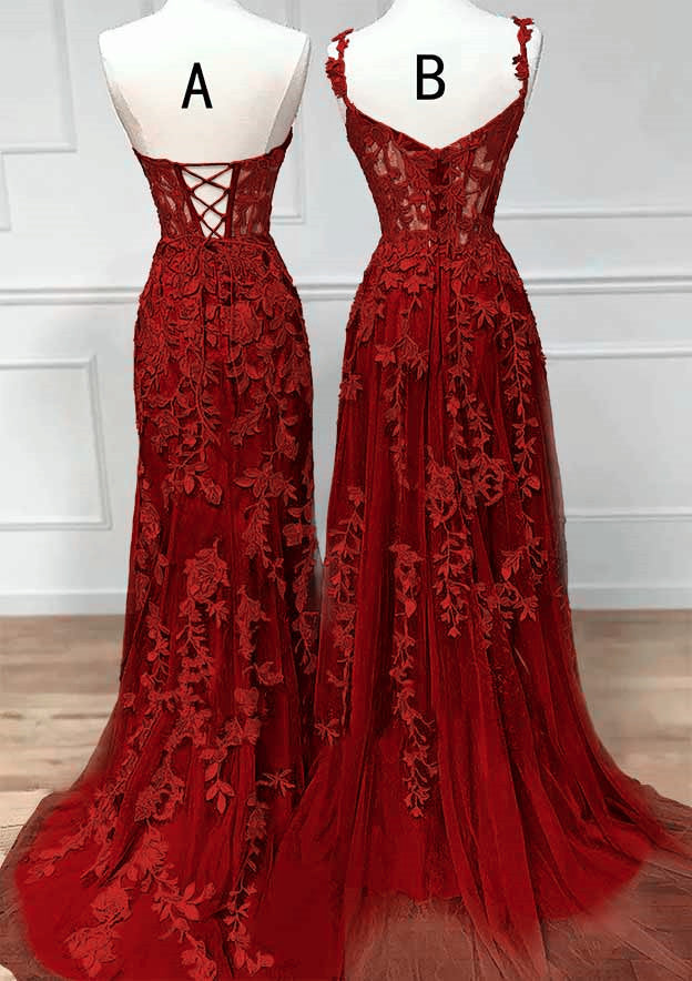 Elegante vestido de fiesta con escote en forma de corazón de tul y encaje rojo vino 