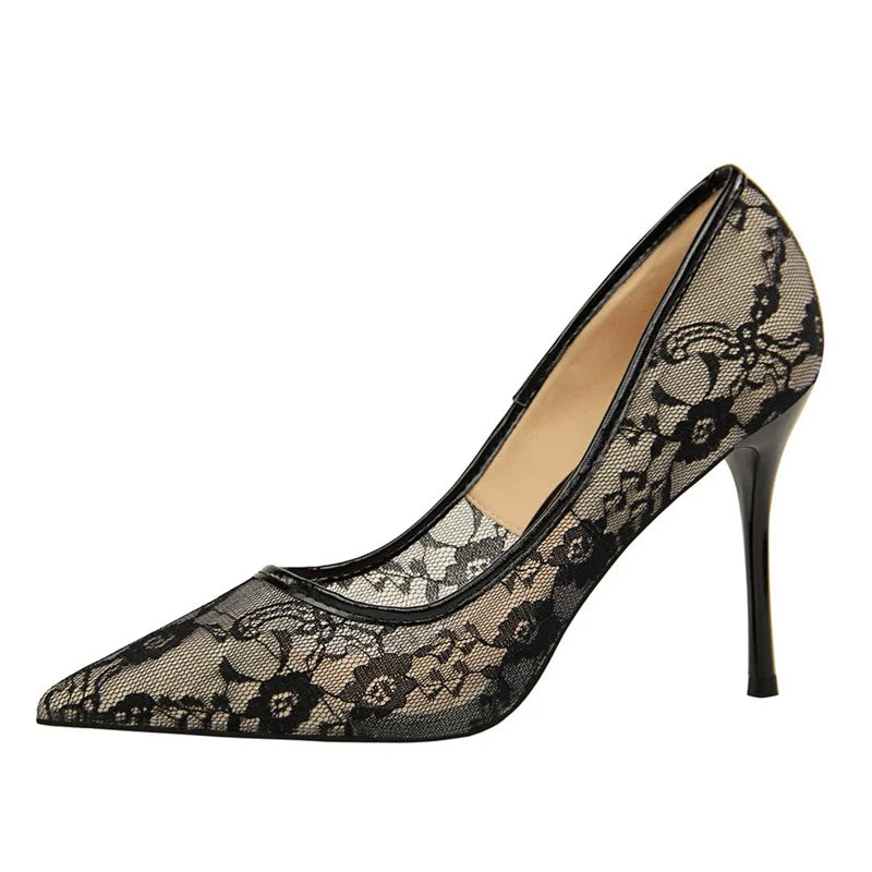 Black Flower Lace Mesh Pumps Pointed Toe Shallow Party Single Shoes Show Thin High Heel Office Shoes