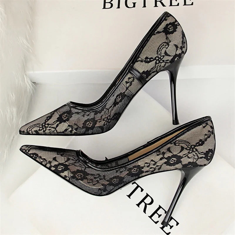 Black Flower Lace Mesh Pumps Pointed Toe Shallow Party Single Shoes Show Thin High Heel Office Shoes