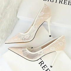 Black Flower Lace Mesh Pumps Pointed Toe Shallow Party Single Shoes Show Thin High Heel Office Shoes