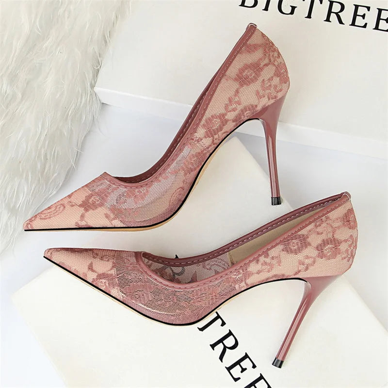 Black Flower Lace Mesh Pumps Pointed Toe Shallow Party Single Shoes Show Thin High Heel Office Shoes