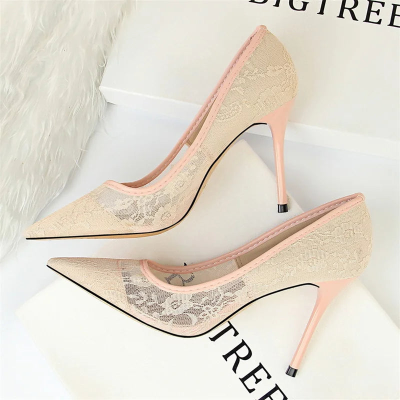 Black Flower Lace Mesh Pumps Pointed Toe Shallow Party Single Shoes Show Thin High Heel Office Shoes