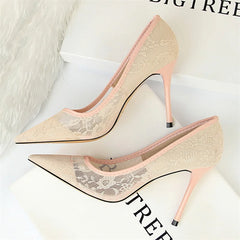 Black Flower Lace Mesh Pumps Pointed Toe Shallow Party Single Shoes Show Thin High Heel Office Shoes