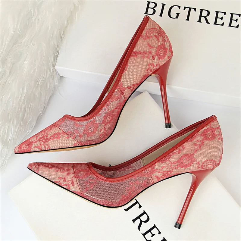 Black Flower Lace Mesh Pumps Pointed Toe Shallow Party Single Shoes Show Thin High Heel Office Shoes